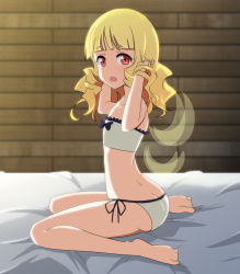 Rule 34 | 1girl, ass, bare arms, bare legs, barefoot, bed sheet, bikini, blonde hair, blunt bangs, bow, bow bikini, butt crack, cato (monocatienus), chestnut mouth, commentary, detached wings, fairy wings, flat chest, from side, full body, hands in hair, hands up, highres, long hair, looking at viewer, luna child, on bed, open mouth, red eyes, side-tie bikini bottom, sitting, solo, swimsuit, touhou, wariza, white bikini, wings