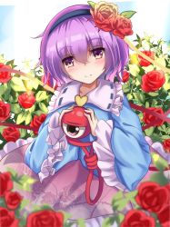 Rule 34 | 1girl, closed mouth, flower, hair flower, hair ornament, happy, highres, komeiji satori, looking at viewer, pink hair, red flower, red rose, rose, short hair, smile, solo, third eye, touhou, unory