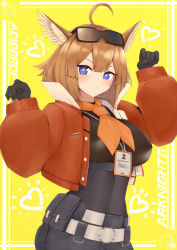 Rule 34 | 1girl, absurdres, aciddrop (arknights), ahoge, animal ears, arknights, belt, black gloves, blue eyes, blush, breasts, brown hair, commentary request, copyright name, covered navel, dodo (yatotoyatoto), eyewear on head, gloves, hands up, heart, highres, jacket, large breasts, long sleeves, looking at viewer, neckerchief, open clothes, open jacket, orange jacket, orange neckerchief, short hair, solo, sunglasses, upper body, white belt, yellow background