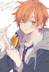 Rule 34 | 1boy, absurdres, black jacket, blazer, blonde hair, burger, closed mouth, expressionless, food, french fries, green eyes, grey hoodie, highres, holding, holding food, hood, hood down, hoodie, jacket, kao ru05, male focus, multicolored hair, orange hair, project sekai, shinonome akito, short hair, solo, translation request