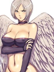 Rule 34 | 1girl, angel wings, bare shoulders, blush, bottomless, breasts, character request, cleavage, copyright request, covered erect nipples, dragon quest, dragon quest ix, fumio (rsqkr), gloves, grey eyes, large breasts, level-5, raviel, silver hair, sketch, solo, square enix, wings