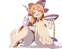 Rule 34 | 1girl, bare legs, barefoot, belt, blush, bow, bwell, chain, closed eyes, cuffs, cup, drunk, fang, feet, full body, gourd, hair bow, horn ornament, horn ribbon, horns, ibuki suika, open mouth, ribbon, sakazuki, shackles, shirt, simple background, sitting, skirt, sleeveless, sleeveless shirt, smile, soles, solo, spread legs, toes, touhou, white background