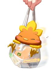 Rule 34 | 1other, absurdres, bag, bird, blush stickers, creatures (company), closed eyes, game freak, gen 3 pokemon, grey background, highres, musical note, nintendo, plastic bag, pokemon, pokemon (creature), simple background, suchi (fsur7444), torchic
