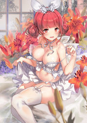 Rule 34 | 1girl, absurdres, bare arms, bare shoulders, blunt bangs, bow, breasts, choker, cleavage, clothes lift, collarbone, double bun, flower, garter straps, hair bow, hair bun, highres, kyjsogom, large breasts, lily (flower), long hair, looking at viewer, midriff, miniskirt, navel, open mouth, original, red eyes, red flower, red hair, revealing clothes, ribbon choker, shirt, sitting, skindentation, skirt, skirt lift, smile, solo, stomach, strap pull, thighhighs, thighs, white choker, white shirt, white skirt, white thighhighs, zettai ryouiki