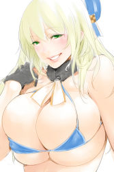 Rule 34 | 10s, 1girl, atago (kancolle), bikini, black gloves, blonde hair, blue bikini, blush, breasts, gloves, goshiki suzu, green eyes, grin, hat, highres, huge breasts, kantai collection, long hair, revision, simple background, smile, solo, swimsuit, white background