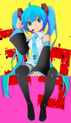Rule 34 | 1girl, 39, arm up, black footwear, black skirt, black sleeves, black thighhighs, blue eyes, blue hair, blue necktie, boots, closed mouth, collared shirt, commentary request, detached sleeves, digital dissolve, hair between eyes, hatsune miku, headphones, headset, highres, long sleeves, mamagogo (gomaep), multicolored hair, necktie, pleated skirt, purple hair, shirt, sitting, skirt, sleeveless, sleeveless shirt, smile, solo, thick eyebrows, thigh boots, thighhighs, tie clip, twintails, two-tone hair, vocaloid, white shirt, wide sleeves, yellow background