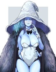 Rule 34 | 1girl, absurdres, armpit crease, black bow, black bowtie, blue eyes, blue hat, border, bow, bowtie, breasts, cape, cleavage, covered navel, cowboy shot, doll joints, elden ring, extra arms, extra faces, finger to cheek, fur cape, grey background, hat, highres, jinu (pixiv84296916), joints, large breasts, large hat, leotard, one eye closed, parted lips, raised eyebrows, ranni the witch, solo, standing, thigh gap, white border, white leotard, witch hat
