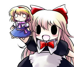 Rule 34 | 2girls, alice margatroid, blonde hair, blush, blush stickers, bow, capelet, doll, female focus, hairband, multiple girls, open mouth, role reversal, shanghai doll, simple background, touhou, yume shokunin