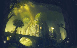 Rule 34 | 1girl, animal ears, bridge, bug, building, butterfly, doora (dora0913), dress, fantasy, forest, glowing, glowing butterfly, green theme, highres, bug, light particles, md5 mismatch, nature, original, overgrown, revision, ruins, scenery, silhouette, solo, staff, stairs, sunlight, tree, yellow theme
