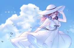 Rule 34 | 1girl, arm up, bad id, bad pixiv id, bare arms, bare shoulders, black ribbon, blue eyes, blush, breasts, chariot.f, cleavage, closed mouth, cloud, cloudy sky, cowboy shot, dated, day, dress, frilled dress, frills, go-toubun no hanayome, hair between eyes, hand on headwear, hat, headphones, headphones around neck, highres, large breasts, long hair, looking away, looking down, nakano miku, outdoors, purple hair, ribbon, sky, sleeveless, sleeveless dress, smile, solo, sun hat, water drop, white dress, white hat