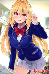 Rule 34 | 1girl, blazer, blonde hair, bow, breasts, copyright name, flower, hair flower, hair intakes, hair ornament, highres, hisen kaede, indoors, jacket, large breasts, leaning forward, long hair, looking at viewer, official art, open mouth, red eyes, solo, uniform, venus blade