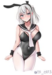 Rule 34 | 1girl, absurdres, adapted costume, animal ears, black leotard, blue eyes, blush, breasts, cleavage, covered navel, cowboy shot, detached collar, embarrassed, fake animal ears, grey hair, highres, kantai collection, large breasts, leotard, long hair, looking at viewer, one side up, pantyhose, playboy bunny, rabbit ears, sailor collar, simple background, solo, strapless, strapless leotard, suzutsuki (kancolle), tf cafe, twitter username, white background, white pantyhose, wrist cuffs