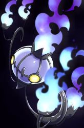 Rule 34 | black background, blue fire, blurry, chandelure, commentary request, creatures (company), fire, fire, game freak, gen 5 pokemon, highres, nintendo, no humans, pkpokopoko3, pokemon, pokemon (creature), simple background, solo, yellow eyes