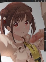 Rule 34 | 1girl, after fellatio, beige jacket, belt, blush, brown hair, censored, cum, cum in mouth, double bun, facial, gradient background, grey background, hair bun, handjob, idolmaster, idolmaster shiny colors, jewelry, long sleeves, looking at viewer, misekai 555, necklace, outstretched arm, penis, puffy cheeks, red eyes, selfie, shirt, short twintails, skirt, smile, solo focus, sonoda chiyoko, twintails, yellow shirt