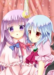 Rule 34 | 2girls, ascot, bat wings, blue hair, blush, cherry, crescent, food, fruit, iris yayoi, long hair, looking at viewer, mouth hold, multiple girls, no headwear, patchouli knowledge, purple eyes, purple hair, red eyes, remilia scarlet, short hair, touhou, wings