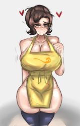 Rule 34 | 1girl, apron, bare shoulders, blush, bouncing breasts, breasts, brown eyes, brown hair, cleavage, creatures (company), earrings, embarrassed, game freak, heart, heavy breathing, highres, jewelry, knightartist115, large breasts, long hair, looking at viewer, mother (pokemon), naked apron, nintendo, paldea mother, pokemon, pokemon sv, ponytail, short hair, sideboob, simple background, smile, solo, thighs, tongue, tongue out, wide hips, yellow apron