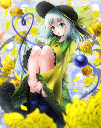 Rule 34 | 1girl, ankle boots, blouse, blurry, blush, boots, depth of field, floral background, floral print, flower, green eyes, hat, hat ribbon, head tilt, heart, heart of string, highres, hugging own legs, knees up, komeiji koishi, leaning, light particles, looking at viewer, open mouth, ribbon, rose, shirt, short hair, silver hair, sitting, skirt, solo, third eye, touhou, yellow flower, yellow rose, ymd (holudoun)
