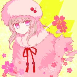 Rule 34 | 1girl, anmita (rarutos), capelet, cherry print, closed mouth, commentary request, food print, fur-trimmed capelet, fur hat, fur trim, hat, infinite blade pavilion, medium hair, neck ribbon, original, papakha, pink capelet, pink eyes, pink hair, pink hat, red ribbon, ribbon, snow cordie, solo, sparkle, touhou, yellow background