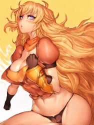 Rule 34 | 1girl, big hair, black panties, blonde hair, breasts, cameltoe, cleavage, fumio (rsqkr), gloves, large breasts, leg lift, long hair, looking at viewer, midriff, navel, panties, parted lips, purple eyes, rwby, scarf, solo, thighs, thong, underwear, very long hair, wide hips, yang xiao long, yellow background