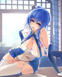 Rule 34 | 1girl, argyle, argyle clothes, argyle cutout, arm support, azur lane, bare shoulders, blue hair, breasts, chair, cleavage, clothing cutout, curtains, detached collar, detached sleeves, dress, garter straps, gloves, hair between eyes, highres, indoors, large breasts, looking at viewer, paper, pink eyes, plant, saezu habaki, short dress, side cutout, sidelocks, sitting, st. louis (azur lane), table, thighhighs, thighs, tight clothes, tight dress, tongue, tongue out, white gloves, white thighhighs, window