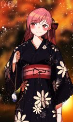 Rule 34 | 1girl, artist name, blue kimono, blurry, blurry background, blush, bow, braid, breasts, earrings, garin, girls&#039; frontline, hair between eyes, hair bow, hair ornament, hair ribbon, hairclip, hexagram, highres, holding, japanese clothes, jewelry, kimono, light particles, long hair, looking away, medium breasts, negev (girls&#039; frontline), night, obi, one side up, outdoors, pink hair, red bow, red eyes, ribbon, sash, smile, solo, standing, star of david