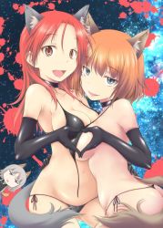 Rule 34 | &gt;:o, 3girls, :d, :o, animal ears, ass, asymmetrical docking, bad id, bad twitter id, bare shoulders, bikini, black bikini, black choker, black gloves, blue eyes, blunt bangs, brave witches, breast press, breasts, brown hair, chibi, choker, commentary, couple, cowboy shot, dog ears, dog tail, edytha rossmann, elbow gloves, female focus, fox ears, fox tail, gloves, gluteal fold, gundula rall, hair between eyes, half-closed eyes, heart, heart hands, heart hands duo, hug, iwami kyuuto, jitome, large breasts, long hair, looking at viewer, minna-dietlinde wilcke, multiple girls, naughty face, open mouth, parted bangs, red eyes, red hair, short hair, side-tie bikini bottom, sideboob, sky, smile, standing, star (sky), starry sky, strike witches, swimsuit, symmetrical hand pose, tail, thong bikini, trait connection, untied bikini, wolf ears, wolf tail, world witches series, yuri