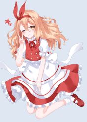 Rule 34 | apron, back bow, blonde hair, bow, buttons, closed mouth, ellen (touhou), frilled skirt, frills, grey background, hairband, happy, highres, long hair, mary janes, nanatuki13, one eye closed, puffy short sleeves, puffy sleeves, red footwear, red hairband, red ribbon, red skirt, red vest, ribbon, shirt, shoes, short sleeves, simple background, skirt, smile, socks, star (symbol), touhou, touhou (pc-98), v, vest, waist apron, white apron, white bow, white shirt, white socks, yellow eyes