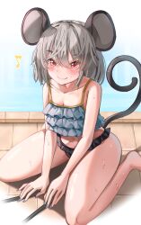 Rule 34 | 1girl, absurdres, animal ears, bare arms, barefoot, between legs, bikini, black nails, blush, breasts, cleavage, closed mouth, collarbone, commentary, commission, crossed bangs, day, eyelashes, eyes visible through hair, fang, foot out of frame, frilled bikini, frills, grey hair, hair between eyes, hand between legs, highres, looking afar, looking at viewer, mahoro (minase mahoro), mouse ears, mouse girl, mouse tail, musical note, nail polish, navel, nazrin, outdoors, poolside, red eyes, shiny skin, short hair, sitting, skeb commission, skin fang, small breasts, smile, solo, sweat, swimsuit, tail, thighs, touhou, tsurime, wariza, wet