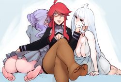 Rule 34 | 3girls, ahoge, ass, barefoot, breasts, brown eyes, cleavage, cloyster, creatures (company), crossed legs, dewgong, feet, foot focus, game freak, gen 1 pokemon, glasses, grey eyes, hair over one eye, highres, large breasts, light purple hair, long hair, looking at viewer, lorelei (pokemon), multiple girls, nintendo, pantyhose, parted lips, personification, pokemon, pokemon (creature), pokemon lgpe, pov, red eyes, red hair, scathegrapes, sitting, soles, toes, white hair