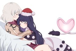 Rule 34 | 2girls, bad id, bad pixiv id, black capelet, blue hair, blush, braid, capelet, closed eyes, commentary, commentary request, doremy sweet, dress, feathered wings, french braid, from side, grey jacket, hat, heart, heart of string, heart tail, hug, jacket, kishin sagume, long hair, long sleeves, multiple girls, nightcap, open clothes, open jacket, pom pom (clothes), profile, purple dress, red headwear, short dress, short hair, silver hair, simple background, single wing, sleeping, smile, symbol-only commentary, tail, tapir tail, touhou, white background, white dress, white wings, wings, yukome, yuri