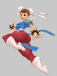 Rule 34 | 1girl, absurdres, ass, bracelet, brown eyes, brown hair, brown legwear, bun cover, capcom, china dress, chinese clothes, chun-li, cross-laced footwear, double bun, dress, dynamic pose, earrings, hair bun, hair pulled back, highres, jewelry, pelvic curtain, puffy short sleeves, puffy sleeves, sash, short sleeves, side slit, smile, solo, spiked bracelet, spikes, street fighter, street fighter ii (series), tagme, thick thighs, thighs, white footwear, whiteflagman