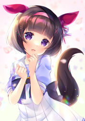Rule 34 | 1girl, :d, animal ears, black hair, blurry, blurry foreground, commentary request, depth of field, hair ornament, hairband, hairclip, hands up, head tilt, highres, horse ears, horse girl, horse tail, ko yu, looking at viewer, nishino flower (umamusume), open mouth, pink hairband, pleated skirt, puffy short sleeves, puffy sleeves, purple eyes, purple shirt, school uniform, shirt, short hair, short sleeves, skirt, smile, solo, tail, tracen school uniform, umamusume, white skirt, x hair ornament