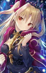 Rule 34 | 1girl, between breasts, black dress, blonde hair, blush, breasts, cape, cleavage, closed mouth, dress, earrings, ereshkigal (fate), fate/grand order, fate (series), glowing, hair ribbon, head tilt, jewelry, light particles, long hair, long sleeves, looking at viewer, medium breasts, motion blur, parted bangs, purple cape, purple ribbon, red eyes, ribbon, skull, smile, solo, tagme, tiara, tohsaka rin, tsurime, two side up, upper body, v-shaped eyebrows, yano mitsuki (nanairo)