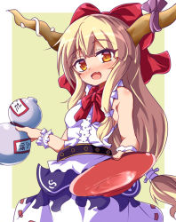 Rule 34 | 1girl, alcohol, belt, blonde hair, blush, bow, breasts, chain, commentary, cowboy shot, cup, drunk, eyes visible through hair, fang, gourd, hair between eyes, hair bow, highres, holding, holding cup, horn ornament, horn ribbon, horns, ibuki suika, incoming drink, long hair, looking at viewer, low-tied long hair, minato mal, neckerchief, oni, orange eyes, purple ribbon, red bow, red neckerchief, ribbon, sakazuki, sake, shirt, sideboob, sidelocks, simple background, skin fang, skirt, sleeveless, sleeveless shirt, small breasts, solo, standing, torn clothes, torn sleeves, touhou, two-tone background, white background, white shirt, white skirt, wristband, yellow background