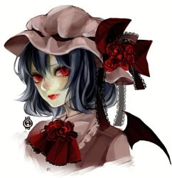 Rule 34 | 1girl, ascot, blue hair, bow, female focus, hat, lips, lipstick, loalo, lowres, makeup, red eyes, remilia scarlet, solo, touhou, upper body, wings