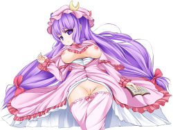 Rule 34 | 1girl, akawata, bloomers, bloomers pull, book, breasts, breasts apart, breasts out, colorized, crescent, dress, female focus, hat, highres, long hair, lying, nipples, on back, open clothes, open dress, osatsu, patchouli knowledge, purple eyes, purple hair, pussy, solo, touhou, uncensored, underwear, very long hair, wata (akawata)