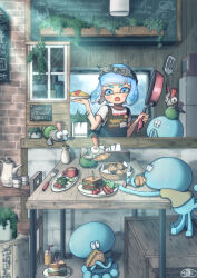 Rule 34 | 1girl, absurdres, apron, arm up, badge, basket, black apron, blue eyes, blue hair, blunt bangs, blush, bottle, box, brick wall, button badge, chalkboard, cherry tomato, closed mouth, commentary request, counter, croissant, cup, drink, drinking straw, eating, food, food in mouth, fork, frying pan, grey shirt, hands up, hanging light, highres, holding, holding food, holding fork, holding frying pan, holding plate, holding spatula, inkling, inkling girl, inkling player character, jellyfish (splatoon), ladder, lettuce, light particles, light rays, looking at another, looking at viewer, looking up, milk, milk bottle, mohawk, moromi (kscd4482), mug, name tag, napkin, nintendo, omelet, omurice, open mouth, plant, plate, potted plant, red eyes, red hair, safety pin, salad, sandwich, sausage, scenery, shadow, shelf, shirt, short eyebrows, short hair, short sleeves, sidelocks, sign, smallfry (splatoon), spatula, splatoon (series), t-shirt, table, teapot, tentacle hair, tomato, toothpick, v-shaped eyebrows, white shirt, window, wooden box, wooden table