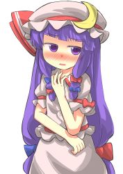 Rule 34 | 1girl, blush, cosplay, crescent, crescent hair ornament, dress, elbow rest, gaoo (frpjx283), hair ornament, hair ribbon, hat, highres, long hair, looking at viewer, mob cap, no wings, patchouli knowledge, pink dress, puffy short sleeves, puffy sleeves, purple eyes, purple hair, remilia scarlet, remilia scarlet (cosplay), ribbon, short sleeves, solo, touhou, tress ribbon, very long hair