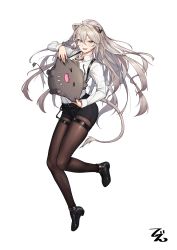 Rule 34 | 1girl, absurdres, ahoge, animal ears, beeeeen, black footwear, black nails, black pantyhose, black shorts, bolo tie, cheek pinching, collared shirt, commentary, dress shirt, ear piercing, fang, full body, grey eyes, hair between eyes, highres, holding, hololive, lion ears, lion girl, lion tail, long hair, long sleeves, looking at viewer, making-of available, nail polish, open mouth, pantyhose, piercing, pinching, shirt, shirt tucked in, shishiro botan, shishiro botan (button-down), shoes, short shorts, shorts, signature, silver hair, simple background, skindentation, smile, solo, ssrb (shishiro botan), suspender shorts, suspenders, tail, thigh strap, virtual youtuber, white background, white shirt, wing collar