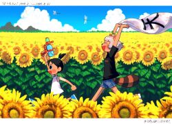 Rule 34 | 1boy, 1girl, ^ ^, animal ears, animal nose, arm up, arms up, black eyes, black hair, black shirt, blue sky, blush stickers, bug, cape, child, closed eyes, cloud, cloudy sky, copyright name, crossover, denim, denim shorts, dragonfly, field, flower, flower field, from side, hashtag, highres, holding, holding cape, holding clothes, holding water gun, horizon, insect, leaf, leaf on head, letterboxed, mode aim, natsumon!, open mouth, outdoors, ponpoko (vtuber), raccoon ears, raccoon girl, raccoon tail, running, satoru (natsumon!), shirt, short hair, short shorts, short sleeves, shorts, sky, sleeveless, sleeveless shirt, smile, sunflower, sunflower field, t-shirt, tail, tan, tanline, timestamp, topknot, utochan (uptkop), virtual youtuber, water gun, white shirt