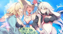Rule 34 | 3girls, :d, adjusting hair, alternate costume, beach, bikini, black bikini, black jacket, blonde hair, blue bikini, blue sky, blue sweater, blush, breasts, cleavage, closed eyes, collar, collarbone, commentary request, cropped jacket, day, fate/grand order, fate (series), gem, hairband, hat, holding another&#039;s arm, jacket, jeanne d&#039;arc alter (swimsuit berserker) (fate), jeanne d&#039;arc (fate), jeanne d&#039;arc (ruler) (fate), jeanne d&#039;arc (swimsuit archer) (fate), jeanne d&#039;arc (swimsuit archer) (first ascension) (fate), jeanne d&#039;arc alter (fate), jeanne d&#039;arc alter (swimsuit berserker) (fate), jewelry, large breasts, long hair, looking at another, marie antoinette (fate), marie antoinette (swimsuit caster) (third ascension) (fate), medium breasts, multiple girls, navel, necklace, no-kan, open mouth, purple eyes, short hair, short twintails, shrug (clothing), silver hair, sky, smile, sun hat, sweatdrop, sweater, swimsuit, twintails, yellow eyes