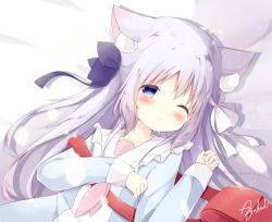 Rule 34 | 1girl, akatsuki (ytkg5558), animal ear fluff, animal ears, black bow, blue dress, blue eyes, blush, bow, cat ears, cat girl, closed mouth, collarbone, dot mouth, dress, frilled dress, frills, hair between eyes, hair bow, hands up, highres, long hair, long sleeves, looking at viewer, one eye closed, original, purple hair, red bag, school uniform, serafuku, short eyebrows, sidelocks, signature, solo, thick eyebrows, two side up, upper body, white bow