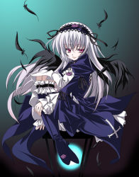 Rule 34 | 00s, 1girl, feathers, gradient background, moon, pale skin, pink eyes, red eyes, rozen maiden, sen (astronomy), silver hair, solo, suigintou