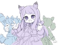 Rule 34 | 3girls, :d, animal ears, arm up, blush stickers, chibi, commentary request, facing away, hair ribbon, highres, holding, holding microphone, horse ears, horse girl, horse tail, jacket, long hair, looking at viewer, mejiro mcqueen (umamusume), microphone, monochrome, multiple girls, nice nature (umamusume), nozo (hitomiz), open mouth, pleated skirt, ponytail, profile, ribbon, simple background, skirt, smile, swept bangs, tail, tokai teio (umamusume), twintails, umamusume, very long hair, white background
