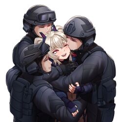 Rule 34 | 1girl, 3boys, black gloves, black nails, blush, fingerless gloves, gloves, grey hair, hair ornament, hairclip, highres, hug, hug from behind, indie virtual youtuber, long hair, long sleeves, looking at another, mochi (chain csn), multiple boys, nail polish, one eye closed, open mouth, red eyes, saruei (vtuber), scar, scar across eye, smile, tears, twintails, virtual youtuber