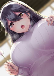 Rule 34 | 1girl, ahoge, alternate costume, black hair, blush, breasts, breath, brown eyes, chikage (blackclownery), day, door, ear cleaning, from below, hair between eyes, headband, highres, holding, huge breasts, indoors, kantai collection, lips, long hair, looking at viewer, looking down, mimikaki, open mouth, ribbed sweater, sitting, smile, solo, sunlight, sweater, turtleneck, turtleneck sweater, ushio (kancolle), window