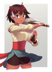 Rule 34 | 1girl, ahoge, ajna (indivisible), axe, beads, bike shorts, black shorts, blue skirt, bob cut, bracelet, bridal gauntlets, brown eyes, brown hair, closed mouth, commentary, cowboy shot, dark-skinned female, dark skin, expressionless, grey background, hair between eyes, hair ornament, holding, holding axe, holding weapon, indivisible, jewelry, looking at viewer, outside border, putcher, red sash, sash, short hair, shorts, skirt, solo, weapon