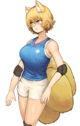 Rule 34 | 1girl, absurdres, animal ear fluff, animal ears, blonde hair, blue shirt, blush, breasts, chanta (ayatakaoisii), elbow pads, fox ears, fox tail, highres, large breasts, multiple tails, parted lips, shirt, short hair, shorts, simple background, sleeveless, sleeveless shirt, slit pupils, solo, sportswear, standing, tail, touhou, volleyball uniform, white background, white shorts, yakumo ran, yellow eyes