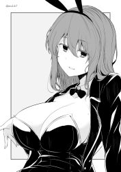 Rule 34 | breasts, cleavage, greyscale, kichihachi, large breasts, leotard, monochrome, playboy bunny, rabbit ears, solo, tagme