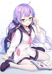 Rule 34 | 1girl, adjusting eyewear, anchor symbol, azur lane, backpack, bag, bag charm, bespectacled, black sailor collar, black scrunchie, black skirt, blue eyes, blush, book, brown footwear, cardigan, charm (object), collarbone, commentary request, fingernails, full body, glasses, hair ornament, hair scrunchie, hand up, highres, loafers, long hair, long sleeves, low twintails, mechanical pencil, nail polish, open book, open mouth, pantyhose, pdxen, pencil, pink-framed eyewear, pink nails, pink neckwear, pleated skirt, purple hair, sailor collar, school uniform, scrunchie, semi-rimless eyewear, serafuku, shoes, sitting, skirt, sleeves past wrists, solo, sparkle, thighband pantyhose, twintails, under-rim eyewear, unicorn (long-awaited date) (azur lane), unicorn (azur lane), unicorn (long-awaited date) (azur lane), very long hair, wariza, white background, white cardigan, white pantyhose, x hair ornament